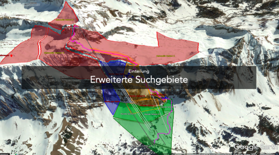 A tracking app maps different areas in a mountain environment to find missing people. 