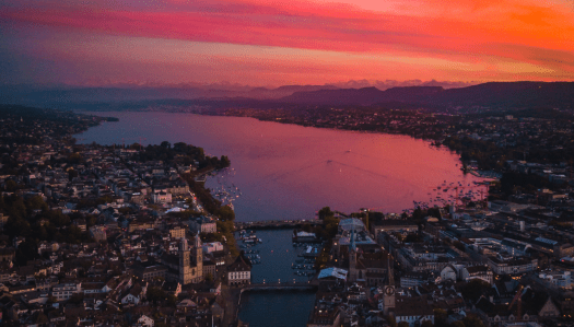 Sun set over Zurich, where Greenliff is located in the Technopark, the technology hub of Zurich.